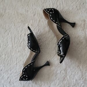 (Sold) John Fluevog Open Toe Pumps: Hepburn Listens Patent Black